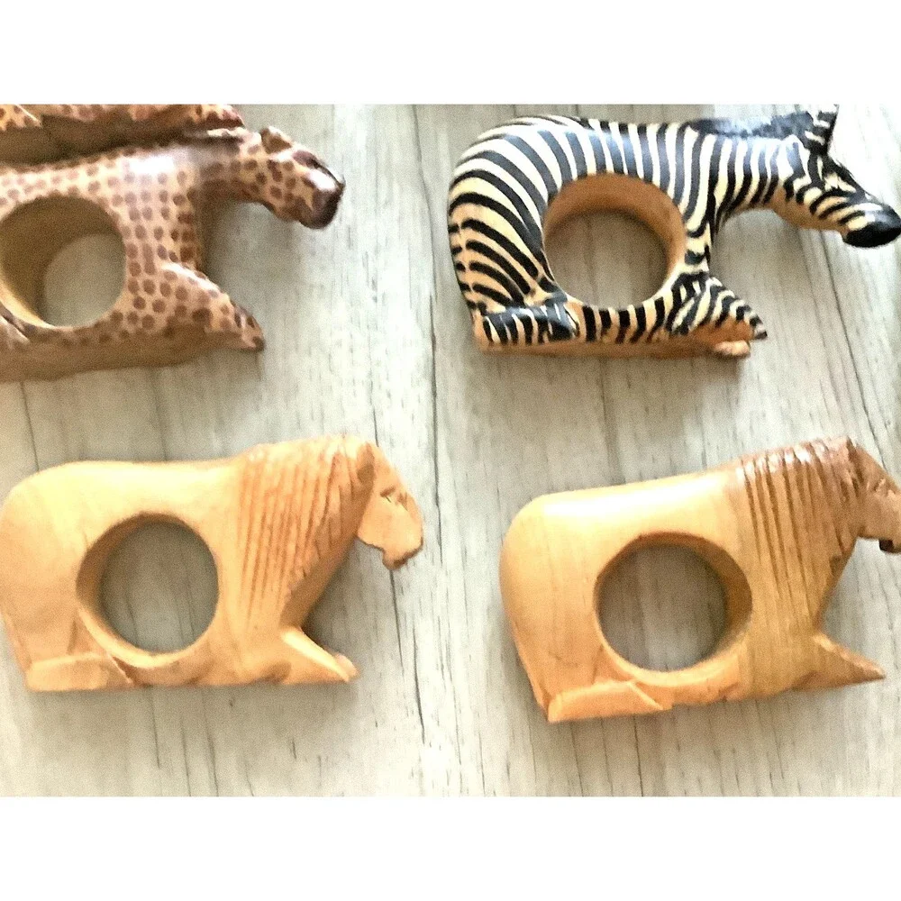 Vintage Napkin Rings Wood Hand Carved African Safari Animals Boho Decor Set of 8